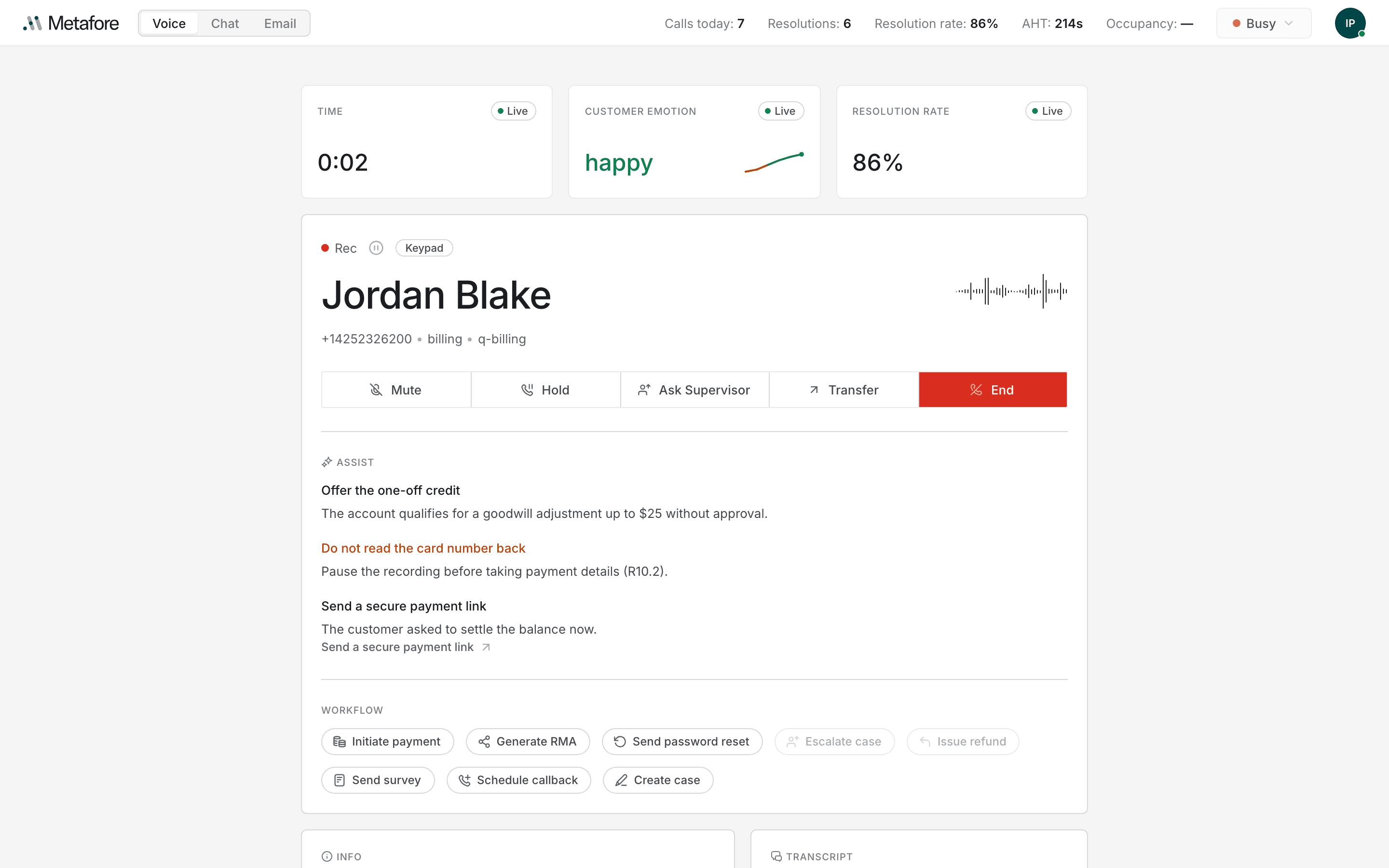 The active call screen: three live metric cards across the top, the caller's name with call controls beneath, an assist panel, workflow buttons, and information and transcript panels