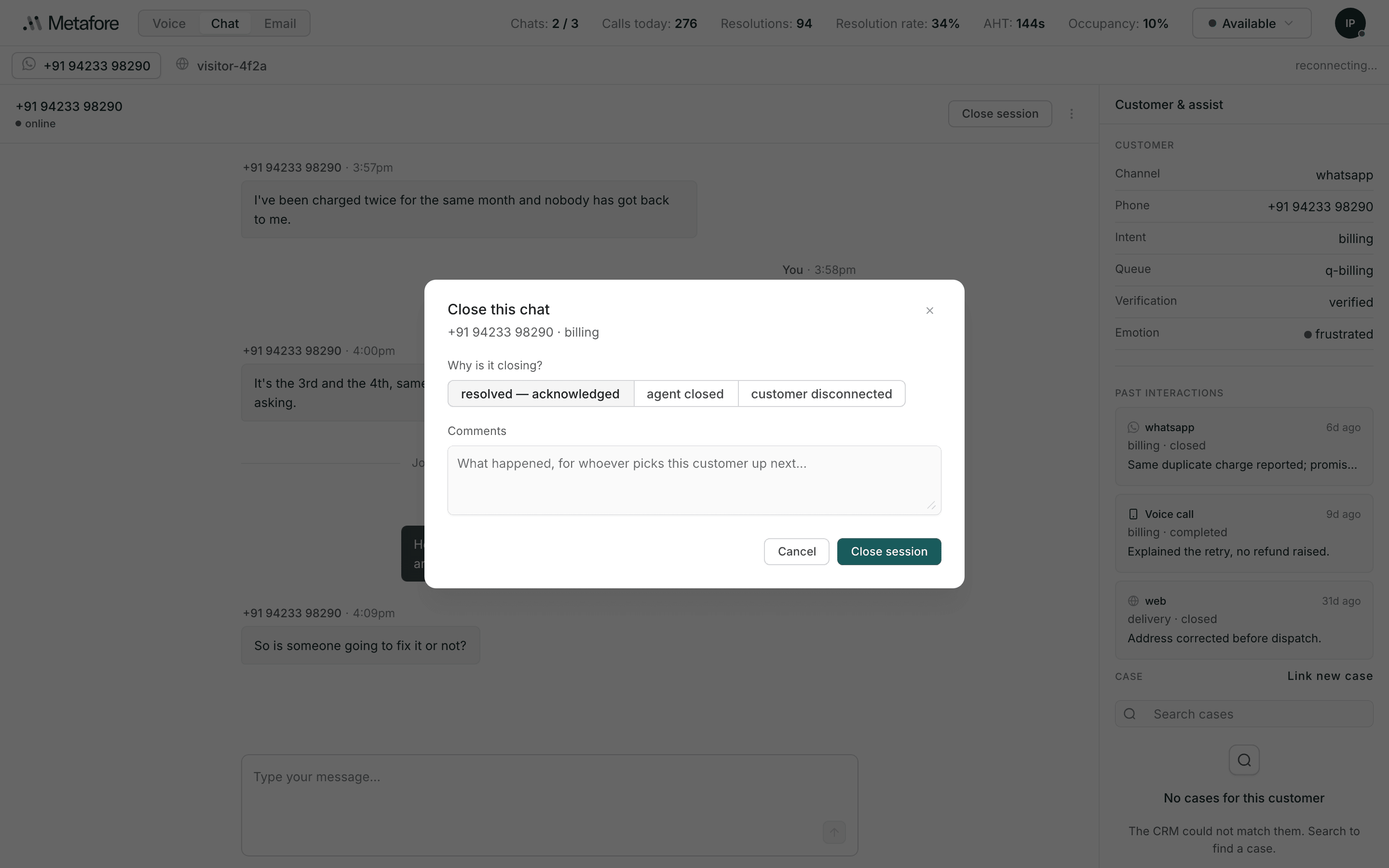 The Close this chat form, showing the customer and intent, a Why is it closing question with three reasons, a Comments box, and Cancel and Close session buttons
