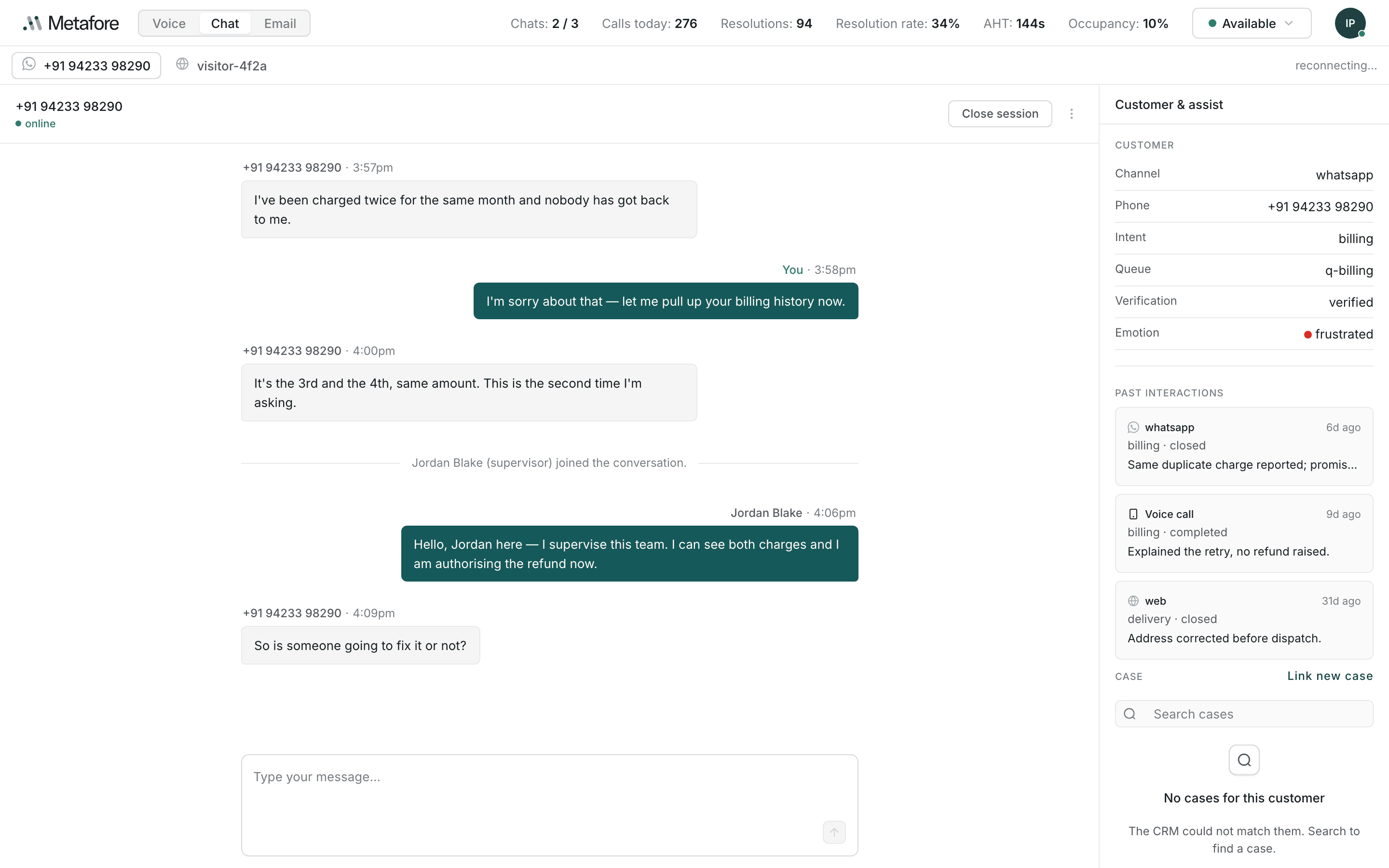 The chat desktop: the chat strip across the top listing two conversations, the conversation in the middle with the customer's messages on the left and the agent's on the right, and the Customer and assist pane on the right showing the customer's channel, intent, queue, verification and emotion