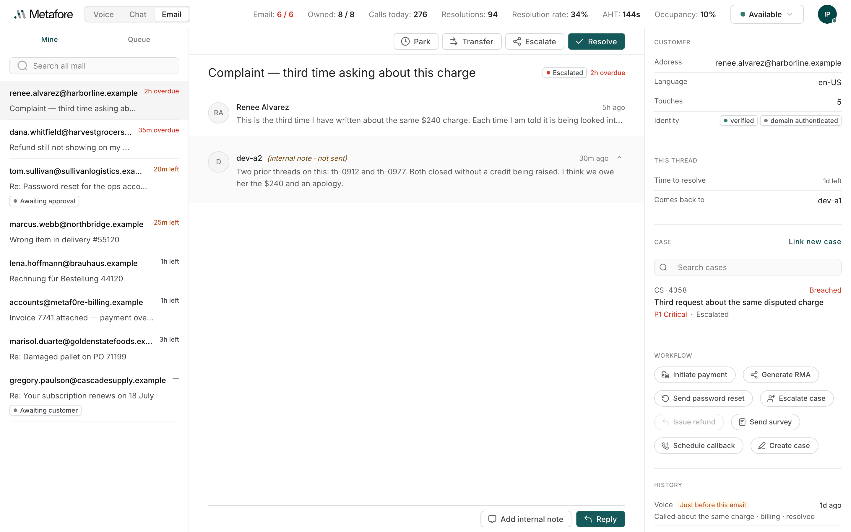 The email desktop: the work list on the left with Mine and Queue tabs and a search box, an open thread in the middle showing the toolbar, subject and the customer's message, and the context pane on the right with the customer's details and their history