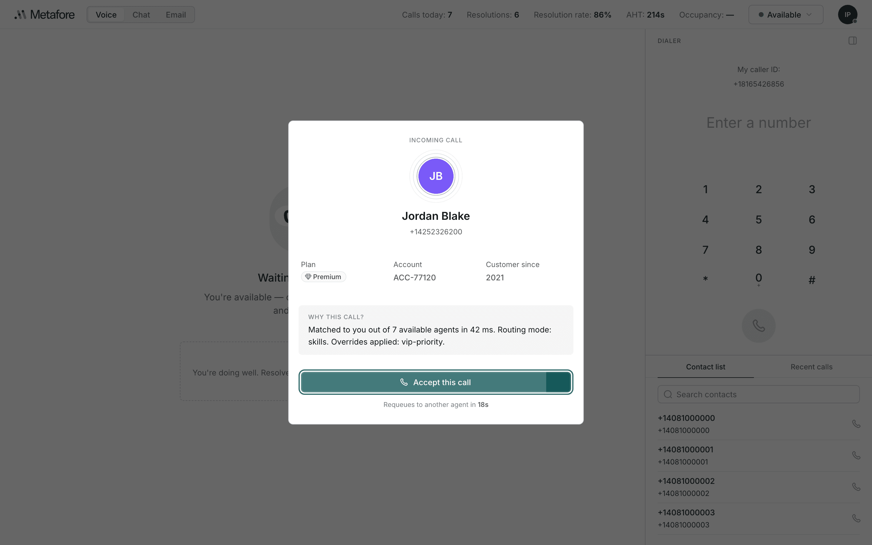 The incoming call window, showing the caller's initials, name and number, three customer facts, a routing explanation, and an Accept this call button with a countdown beneath it