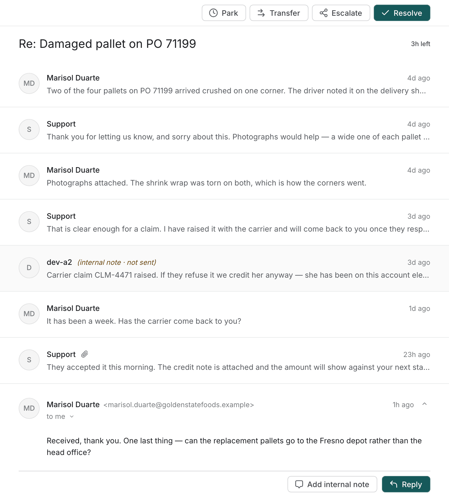 An open thread: the action toolbar along the top, the subject with its deadline tag below it, then the conversation with the newest message open and the earlier ones collapsed to one line each