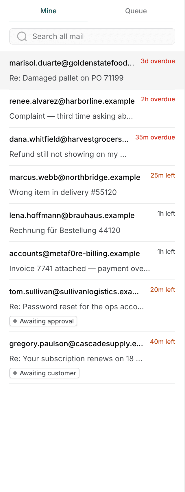 The work list: the Mine and Queue tabs above a search box, then rows each showing a deadline tag, the sender, the subject and a state chip