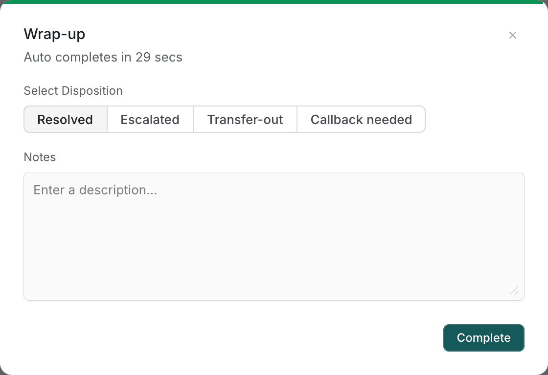 The wrap-up window: a draining green bar, the heading Wrap-up with Auto completes in 29 secs, a disposition choice of Resolved, Escalated, Transfer-out or Callback needed, a Notes box, and a Complete button