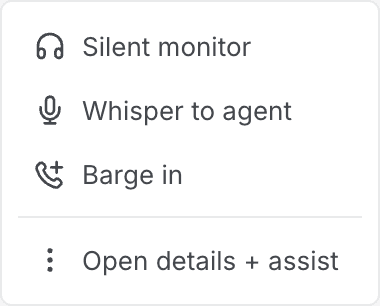 A right-click menu over a roster row offering Silent monitor, Whisper to agent, Barge in, and Open details plus assist