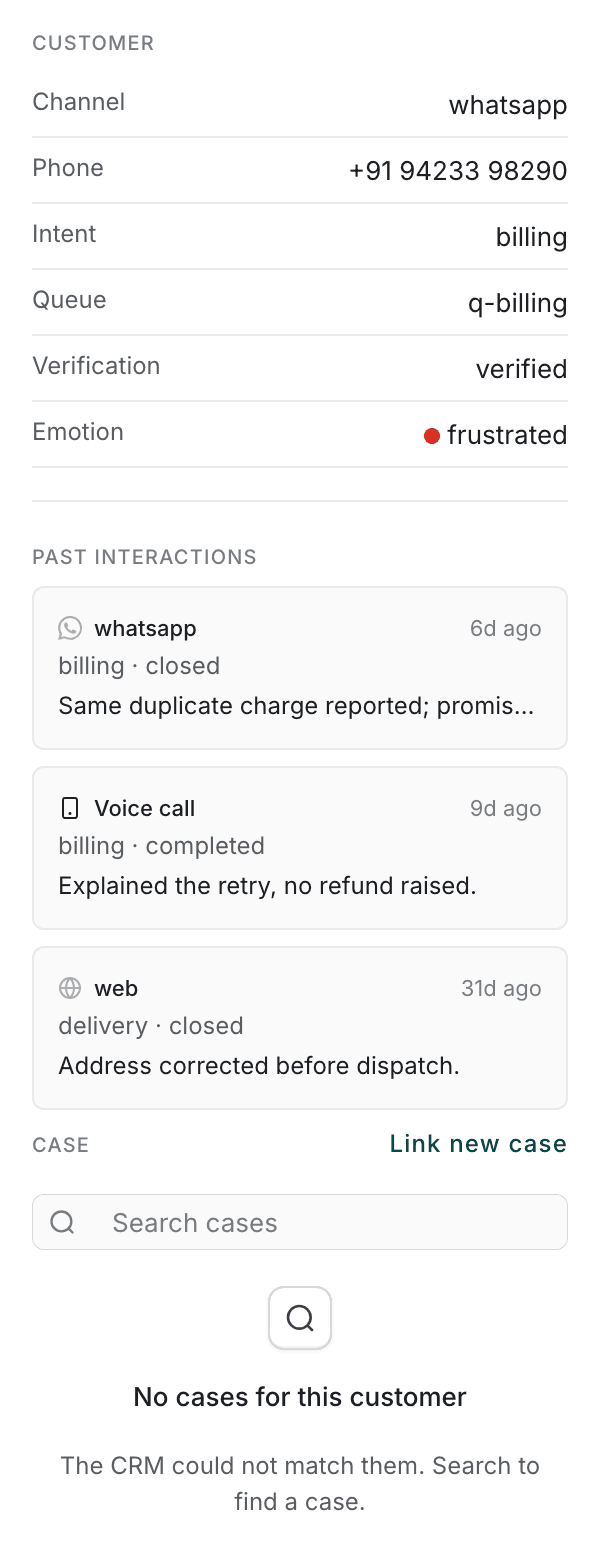 The Customer and assist pane: the customer's channel, phone, intent, queue, verification and emotion, then past interactions across WhatsApp, voice and web, then the case section with a search box