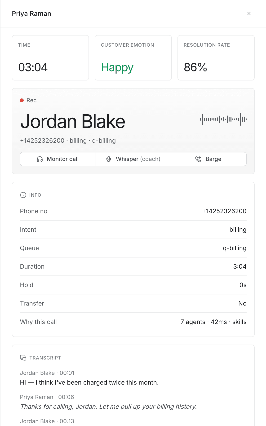 The call drawer: three measure cards across the top, the call card with the caller's name and mode buttons, an Info panel and a live transcript