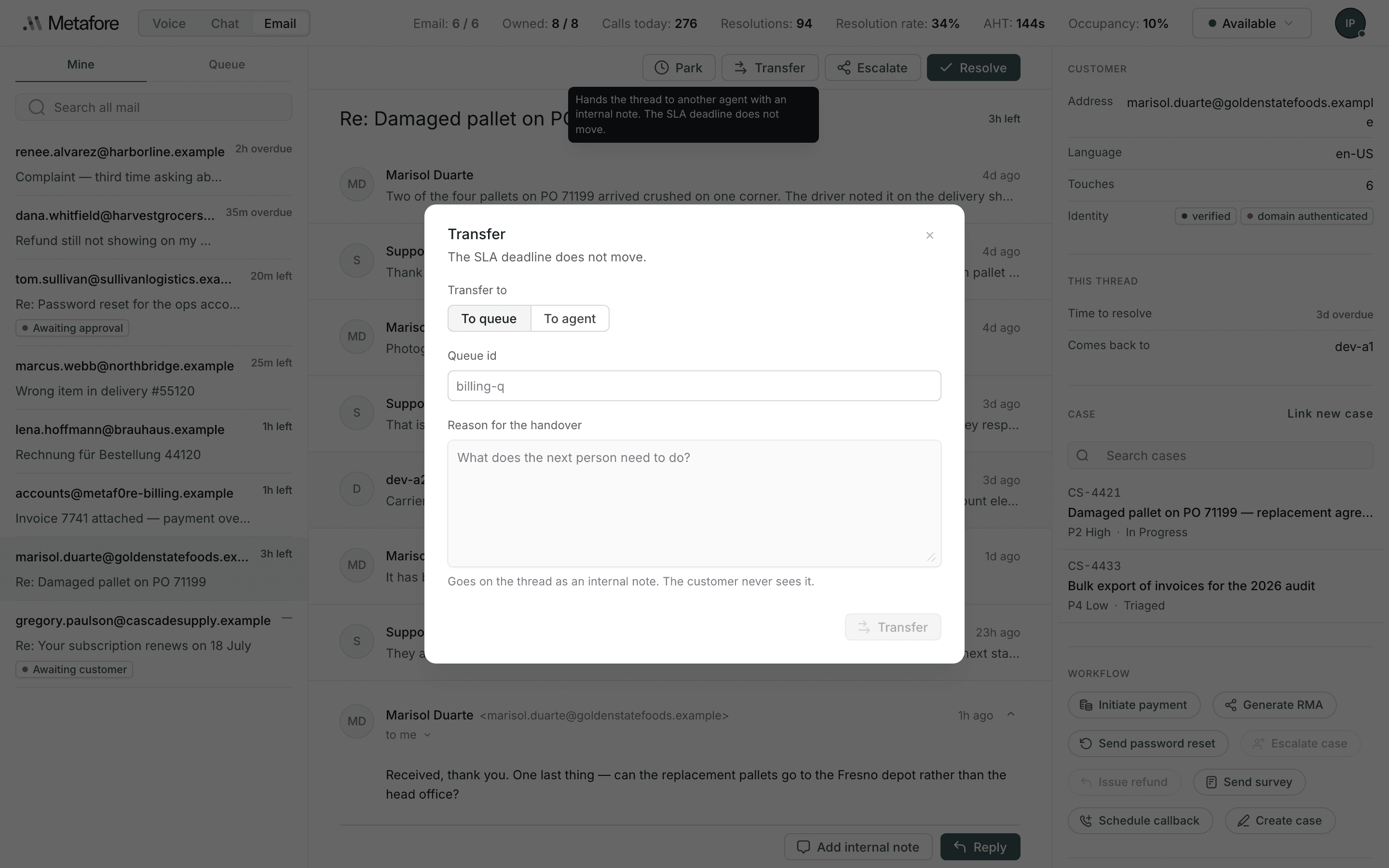 The Transfer dialog open over the thread: a To queue / To agent choice, the destination field, and a required reason box