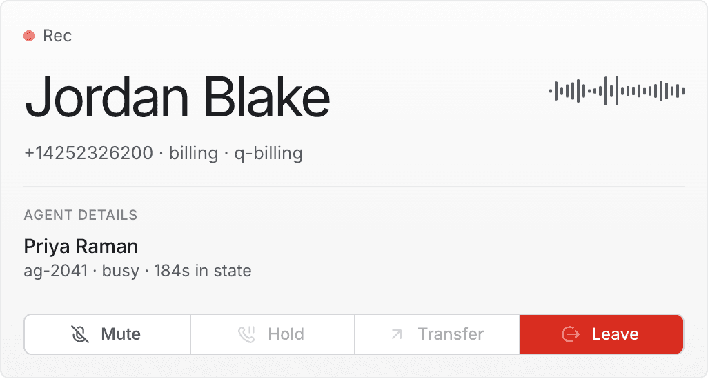 The call card after barging in: a Live badge, an Agent details panel, and buttons for Mute, Hold, Transfer and Leave